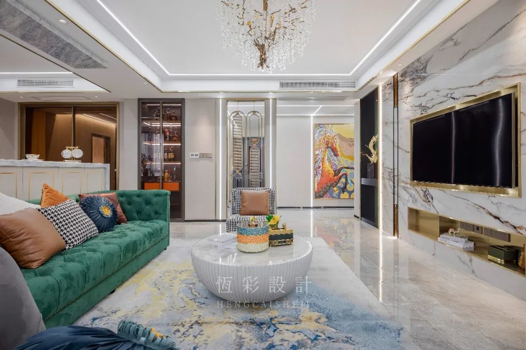 杭州轻奢风格大宅装修效果图 临江花园180方轻奢风装修案例客厅6.jpg